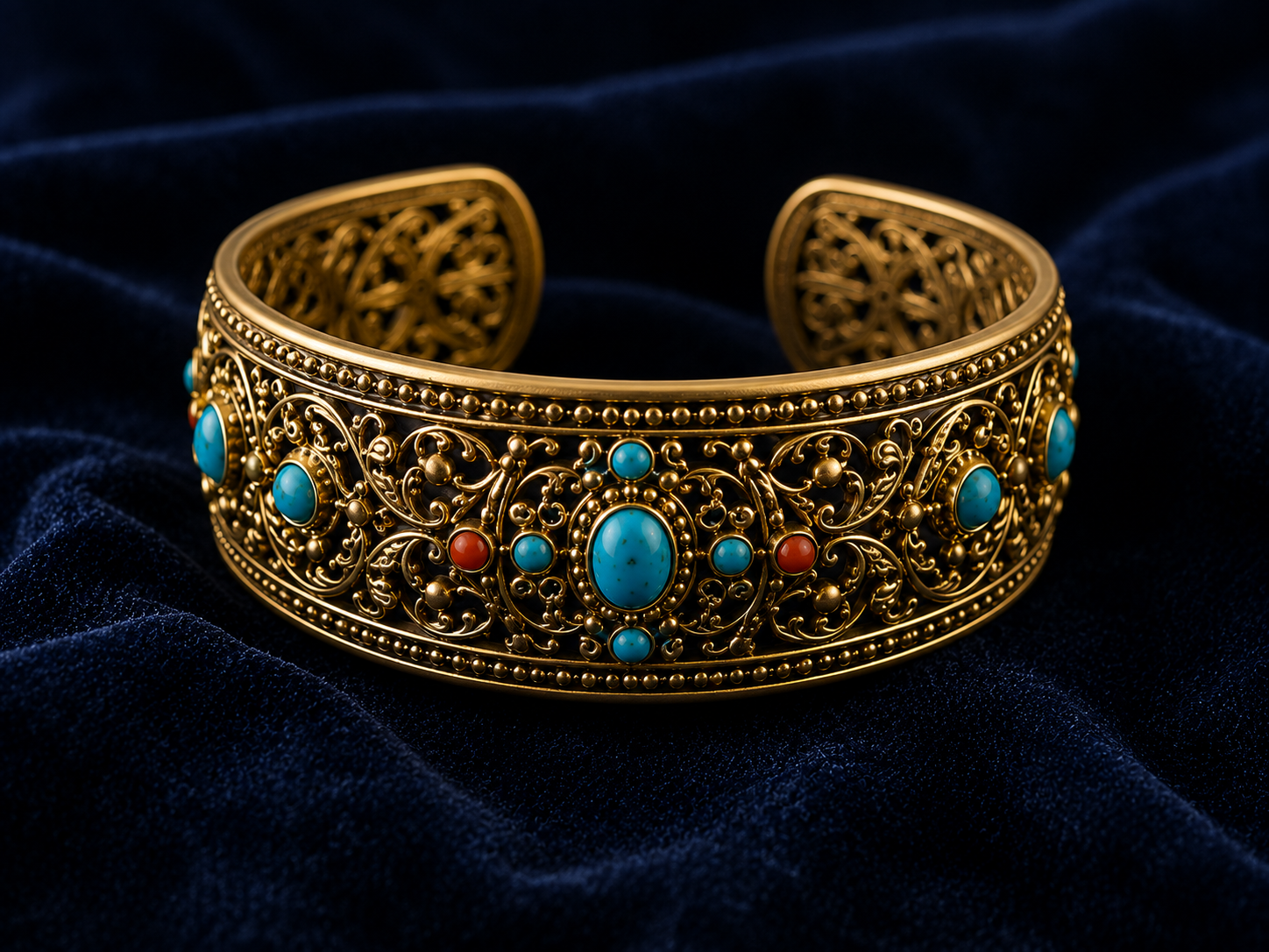 Gold filigree cuff bracelet with turquoise and coral stones