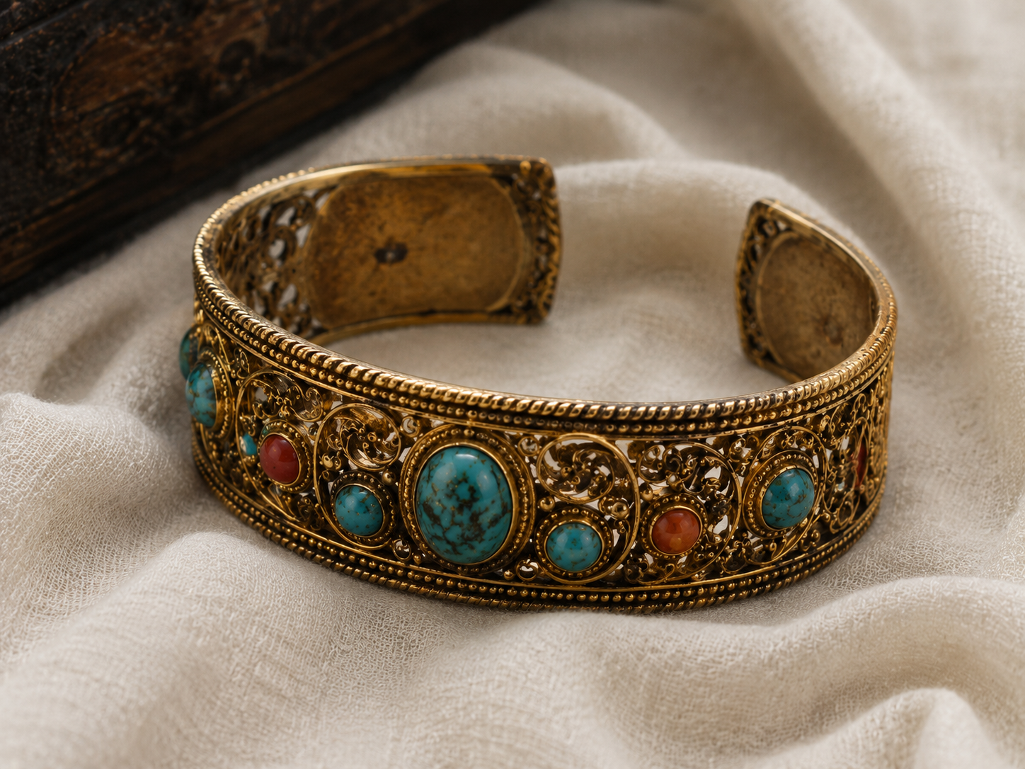 Gold filigree cuff bracelet with turquoise stones — custom commission