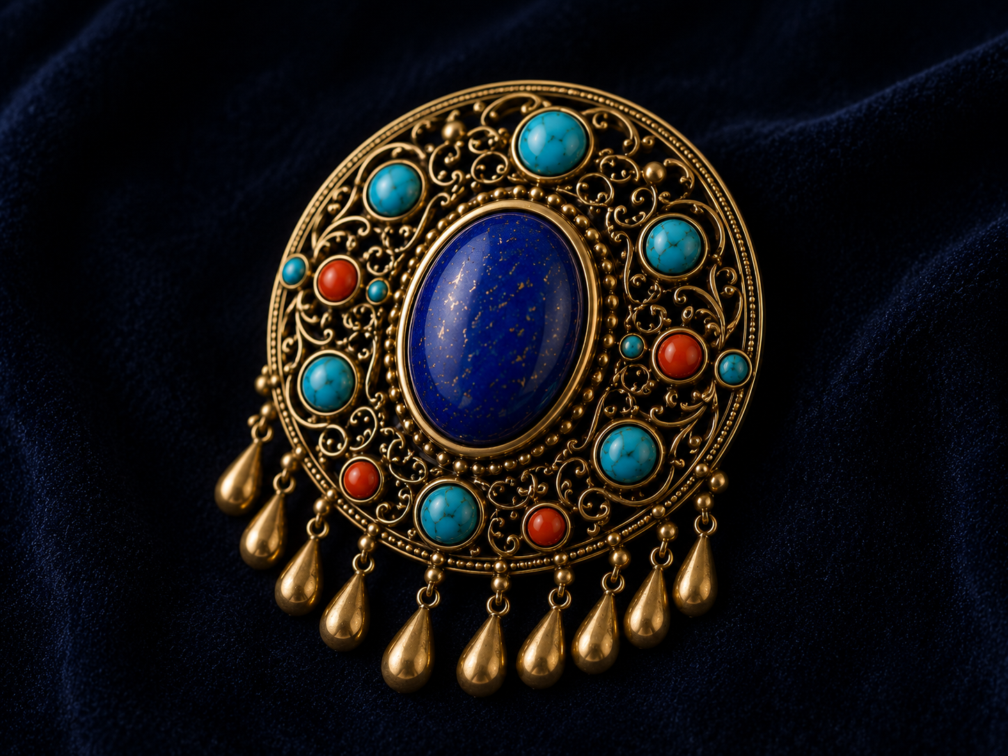 Gold ornamental brooch with lapis lazuli, turquoise and coral