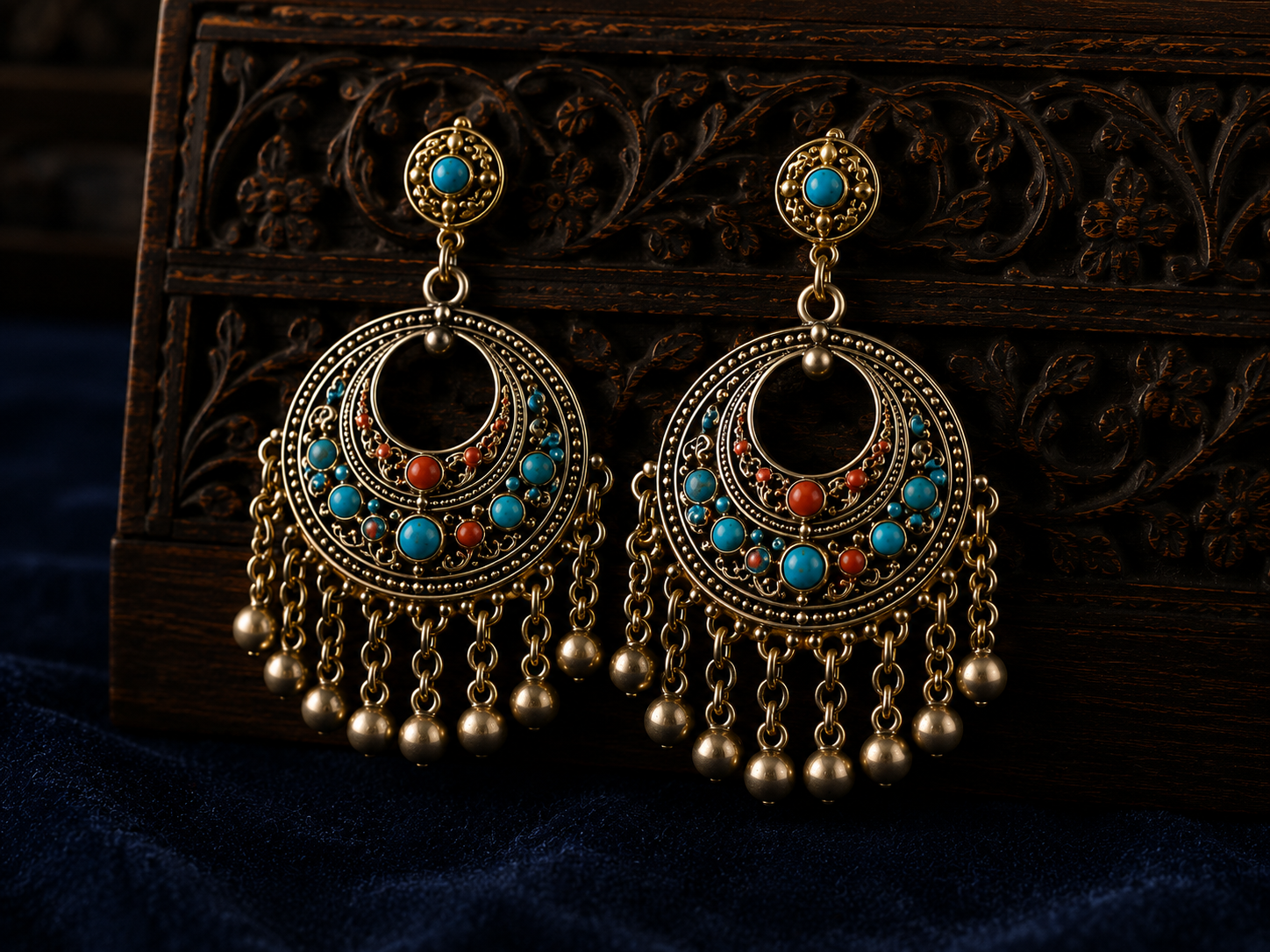 Gold chandelier earrings with turquoise and coral gemstones