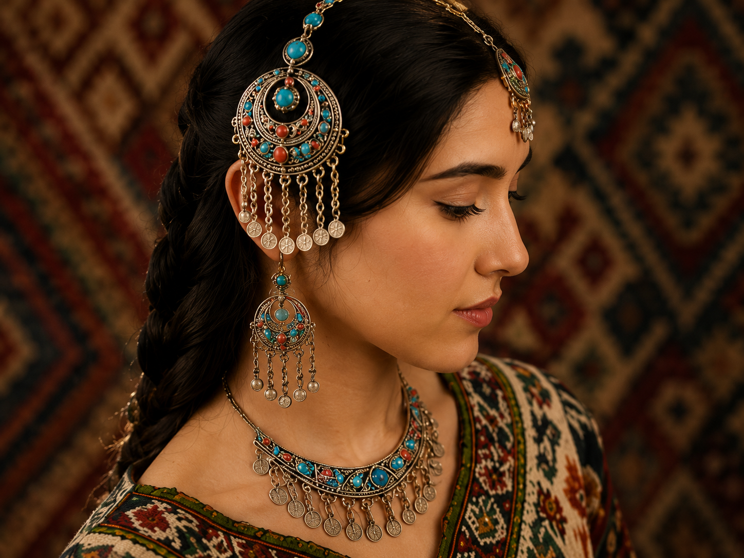 Zar-i Bukhara jewelry worn — traditional Central Asian gold set
