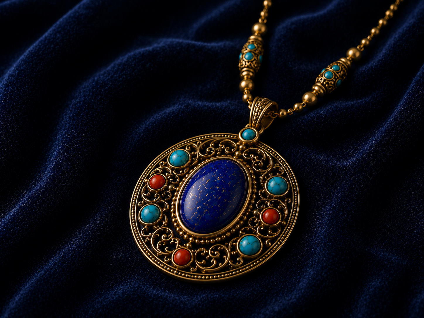 Gold pendant necklace with lapis lazuli and filigree work