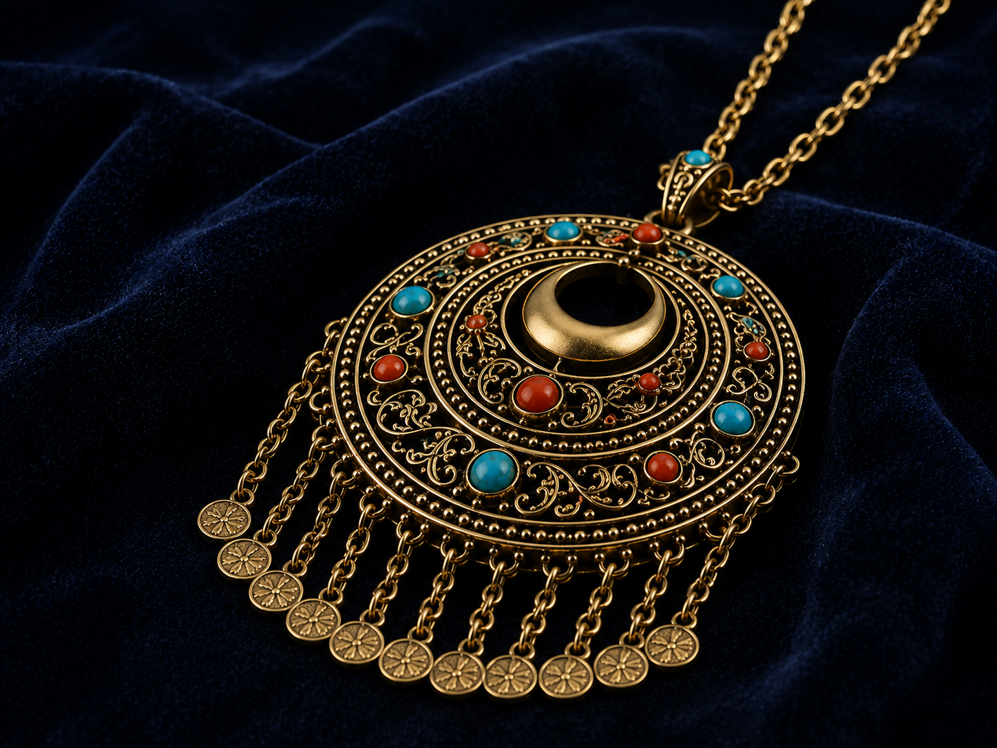 Handcrafted gold medallion pendant with filigree and coin dangles