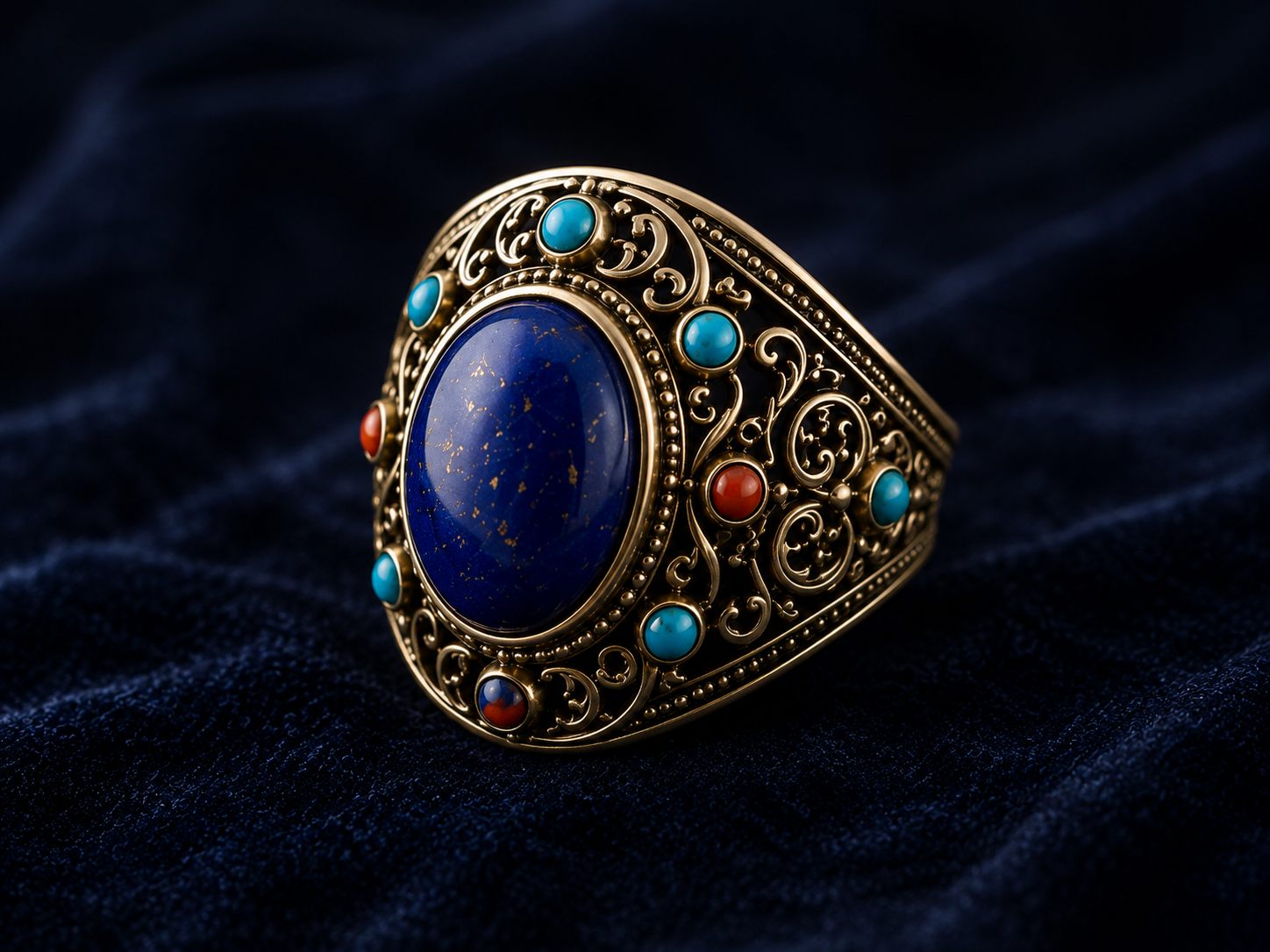 Gold lapis lazuli ring with filigree engraving