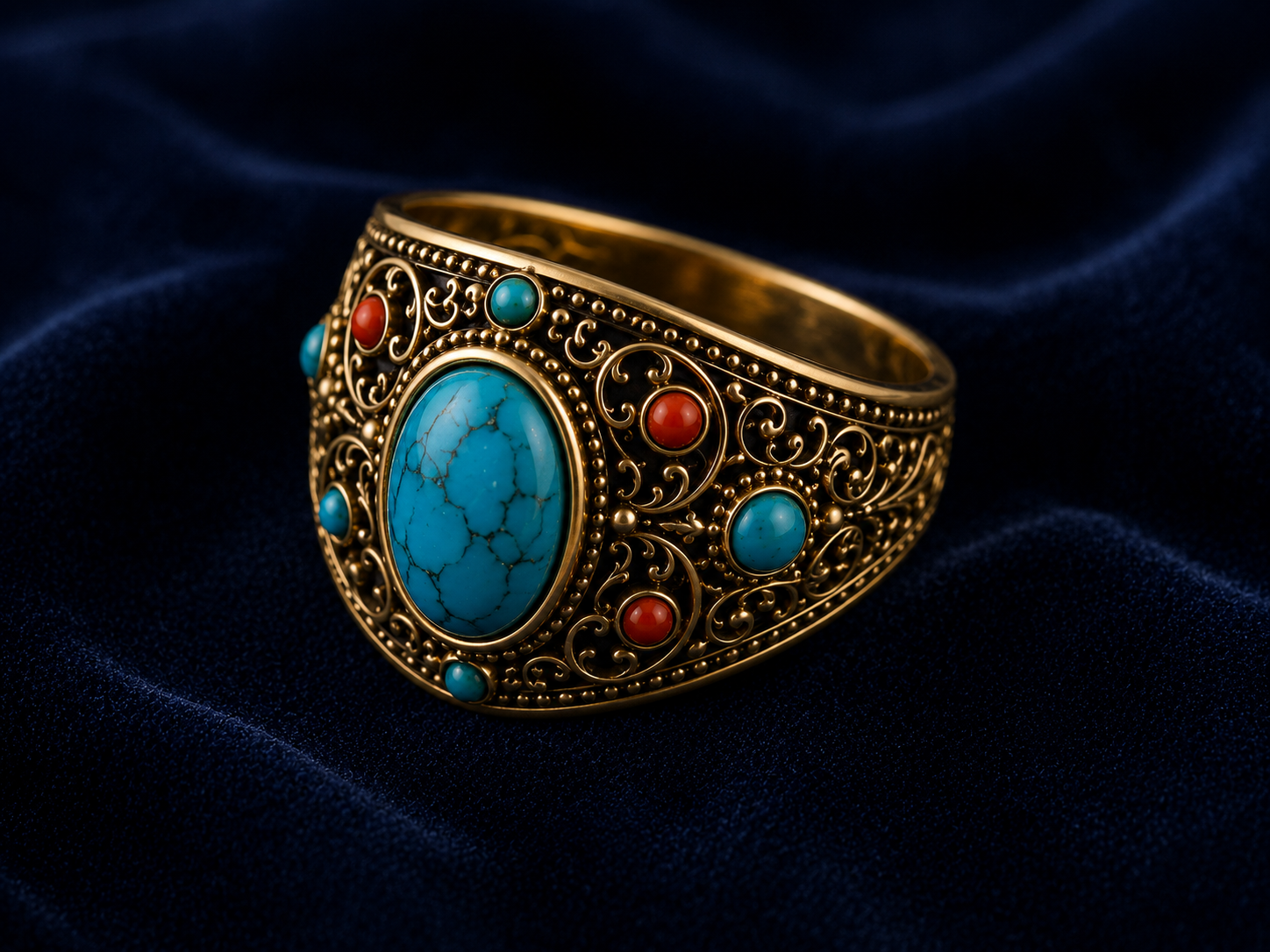 Gold ring with turquoise stone and coral filigree detail
